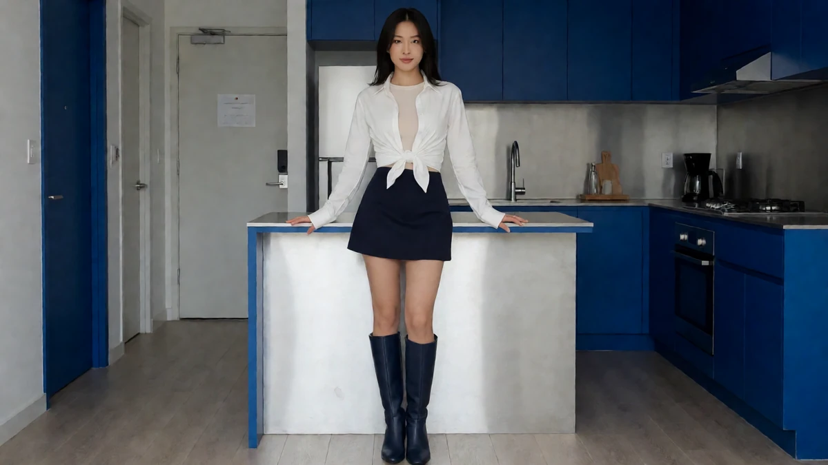 成年女性穿白衬衫与深色短裙,站在蓝色厨房柜台前
