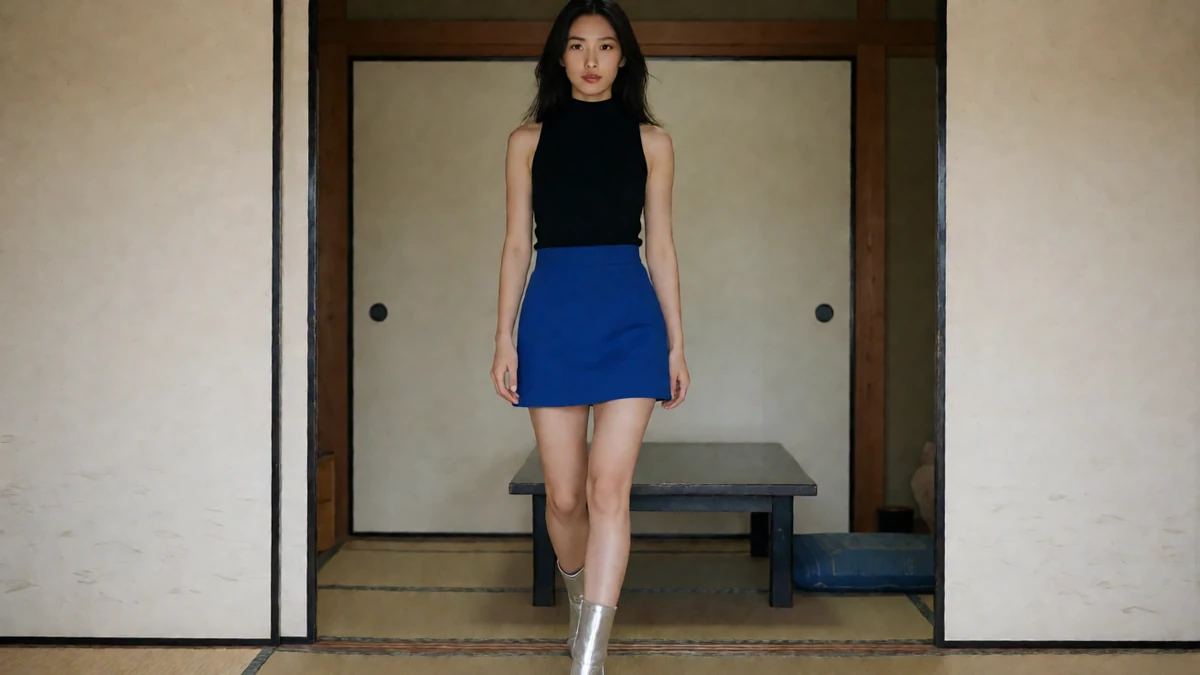 成年女性穿深色上衣与蓝色短裙,站在有推拉门的和室