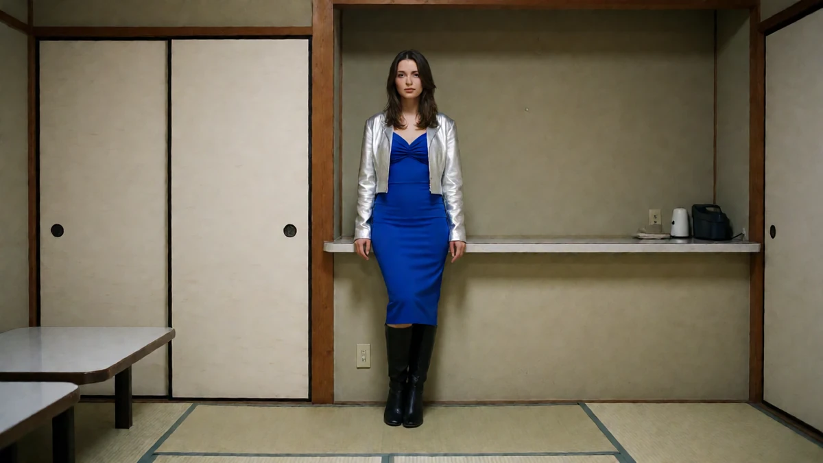 成年女性穿蓝色连衣裙与白色短外套,站在日式房间