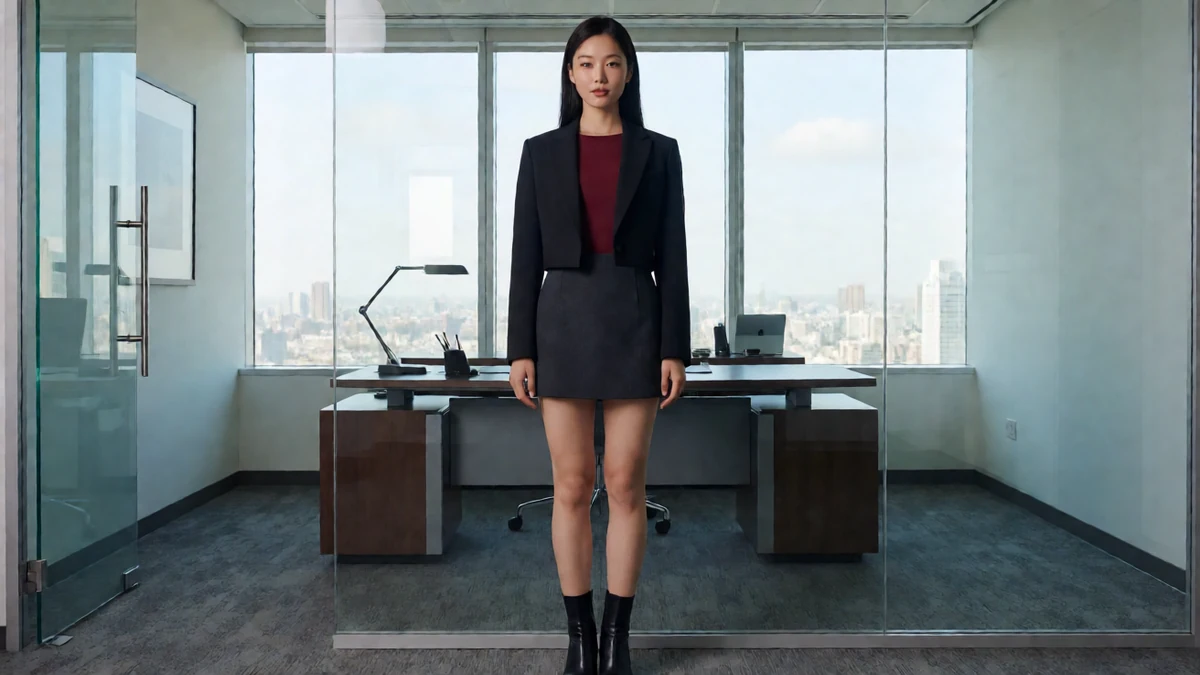 成年女性穿深色外套与短裙,站在城市高层办公室