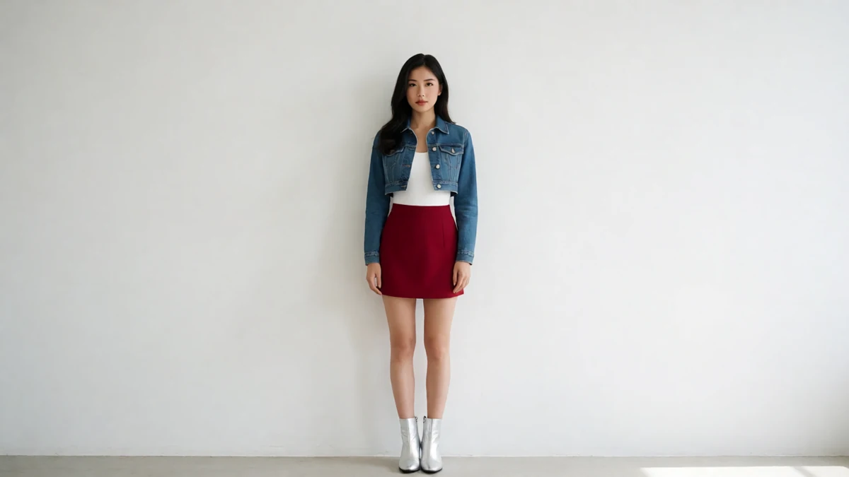 成年女性穿牛仔外套与红色短裙,站在浅色背景前